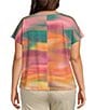 Democracy Plus Size Abstract Tie Dye Print Crew Neck Short Sleeve Twist Front Hem Knit Top, Color:Emerald Teal Multi - Image 2