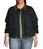 Democracy Plus Size Contrast Corduroy Collar Long Rushed Sleeve Patch Pocket Button-Front Jacket, Color:Black - Image 1