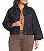 Democracy Plus Size Denim Point Collar 3/4 Cuffed Sleeve Oversized Pocket Bomber Jacket - Image 1