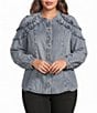Democracy Plus Size Denim Stand Collar Long Blouson Sleeve Ruffle Detail Button Front Shirt - Image 1