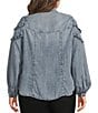 Democracy Plus Size Denim Stand Collar Long Blouson Sleeve Ruffle Detail Button Front Shirt - Image 2