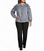 Democracy Plus Size Denim Stand Collar Long Blouson Sleeve Ruffle Detail Button Front Shirt - Image 3