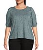 Color:Dusty Slate - Image 1 - Plus Size Dot Print Crew Neck Elbow Length Sleeve Knit Top