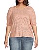 Color:Peach Nectar - Image 1 - Plus Size Dot Print Crew Neck Elbow Length Sleeve Knit Top