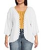 Color:Open White Natural - Image 1 - Plus Size Embroidered 3/4 Sleeve Scalloped Trim Open-Front Kimono
