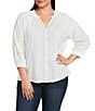 Democracy Plus Size Embroidered Mixed Media Ruffle Split V-Neck 3/4 Blouson Sleeve Top - Image 1
