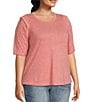Color:Heather Smokey Lavender - Image 3 - Plus Size Embroidered Trim Crew Neck Short Sleeve Top
