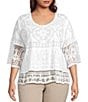 Color:White - Image 1 - Plus Size Embroidered Woven Round Neck Scallop Trim 3/4 Sleeve Tiered Peplum Top