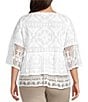 Color:White - Image 2 - Plus Size Embroidered Woven Round Neck Scallop Trim 3/4 Sleeve Tiered Peplum Top