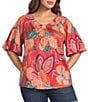 Democracy Plus Size Floral Metal Ring V-Neck Elbow Sleeve Top - Image 1