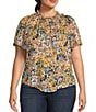 Color:Macademia/Pesto Multi - Image 1 - Plus Size Floral Print Ruffled Trim Notch Neck Short Bell Sleeve Top
