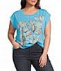 Democracy Plus Size Flower Screen Print Scoop Neck Cap Sleeve Knit Top - Image 1