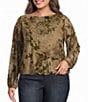 Democracy Plus Size Knit Floral Boat Neck Long Blouson Sleeve Bubble Hem Top - Image 1
