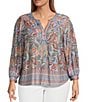 Democracy Plus Size Knit Tropical Palm Border Print Split V-Neck Long Sleeve Shirttail Hem Top, Color:Blue Crush Multi - Image 1