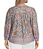 Democracy Plus Size Knit Tropical Palm Border Print Split V-Neck Long Sleeve Shirttail Hem Top, Color:Blue Crush Multi - Image 2
