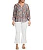 Democracy Plus Size Knit Tropical Palm Border Print Split V-Neck Long Sleeve Shirttail Hem Top, Color:Blue Crush Multi - Image 3