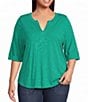 Democracy Plus Size Knit Split V-Neck Elbow Sleeve Top - Image 1