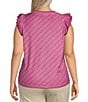 Color:Shocking Raspberry - Image 2 - Plus Size Mineral Wash Knit Round Neck Double Ruffle Cap Sleeve Top