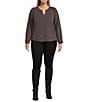 Democracy Plus Size Mixed-Media Knit Split Round Neck Long Sleeve Top, Color:Heather Espresso - Image 3