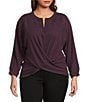 Democracy Plus Size Mixed-Media Knit Split V-Neck 3/4 Sleeve Twist Front Hem Top, Color:Heather Concord Grape - Image 1