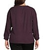 Democracy Plus Size Mixed-Media Knit Split V-Neck 3/4 Sleeve Twist Front Hem Top, Color:Heather Concord Grape - Image 2