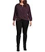 Democracy Plus Size Mixed-Media Knit Split V-Neck 3/4 Sleeve Twist Front Hem Top, Color:Heather Concord Grape - Image 3