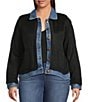 Democracy Plus Size Mixed-Media Point Collar Long Sleeve Button-Front Jacket, Color:Black/Blue - Image 1