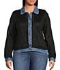 Democracy Plus Size Mixed-Media Point Collar Long Sleeve Button-Front Jacket, Color:Black/Blue - Image 2