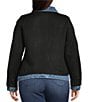 Democracy Plus Size Mixed-Media Point Collar Long Sleeve Button-Front Jacket, Color:Black/Blue - Image 3