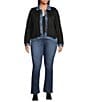 Democracy Plus Size Mixed-Media Point Collar Long Sleeve Button-Front Jacket, Color:Black/Blue - Image 4