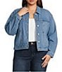 Democracy Plus Size Point Collar Long Sleeve High-Low Hem Button Front Denim Jacket - Image 1