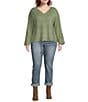 Democracy Plus Size Pointelle Scalloped Edge V-Neck Long Sleeve Sweater, Color:Willow Green - Image 3