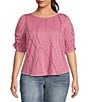 Color:Geranium - Image 1 - Plus Size Printed Crew Neck Ruched Elbow Sleeve Top