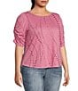 Color:Geranium - Image 3 - Plus Size Printed Crew Neck Ruched Elbow Sleeve Top