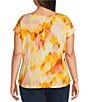 Democracy Plus Size Tie-Dye Print Scoop Neck Short Roll Cuff Sleeve Twist Front Hem Top, Color:Sicilian Orange Multi - Image 2