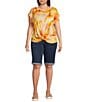 Democracy Plus Size Tie-Dye Print Scoop Neck Short Roll Cuff Sleeve Twist Front Hem Top, Color:Sicilian Orange Multi - Image 3