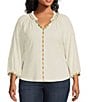 Color:Off White Multi - Image 1 - Plus Size Ruffle Split V-Neck 3/4 Blouson Sleeve Woven Embroidered Top