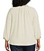 Color:Off White Multi - Image 2 - Plus Size Ruffle Split V-Neck 3/4 Blouson Sleeve Woven Embroidered Top