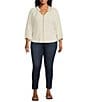 Color:Off White Multi - Image 3 - Plus Size Ruffle Split V-Neck 3/4 Blouson Sleeve Woven Embroidered Top
