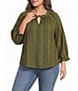 Democracy Plus Size Stripe Split V-Neck 3/4 Blouson Sleeve Top - Image 1