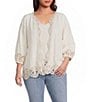 Democracy Plus Size Woven 3/4 Blouson Sleeve Crochet Framing Open-Front Crop Jacket - Image 1
