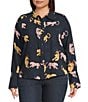 Democracy Plus Size Woven Animal Print Point Collar Long Sleeve Button Front Shirt, Color:Navy Multi - Image 1