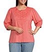 Democracy Plus Size Woven Embroidered Yoke Henley Collar Below Elbow Length Sleeve Top - Image 1