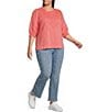 Democracy Plus Size Woven Embroidered Yoke Henley Collar Below Elbow Length Sleeve Top - Image 3