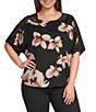 Democracy Plus Size Woven Floral Scoop Neck Dolman Lace Inset Sleeve Top - Image 1
