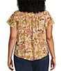 Democracy Plus Size Woven Floral Split V-Neck Short Sleeve Ruched Button-Front Top, Color:Citrine Multi - Image 2