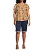 Democracy Plus Size Woven Floral Split V-Neck Short Sleeve Ruched Button-Front Top, Color:Citrine Multi - Image 3