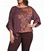 Democracy Plus Size Woven Polka Dot Floral Boat Neck 3/4 Dolman Sleeve Self Bow Tie Top - Image 1