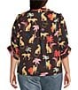 Democracy Plus Size Woven Animal Palm Printed Ruffle Split V-Neck Ruched Elbow Sleeve Top, Color:Chocolate Truffle/Multi - Image 2