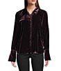 Democracy Point Collar Long French Cuff Sleeves Hidden Button Front Velvet Shirt, Color:Aubergine - Image 1